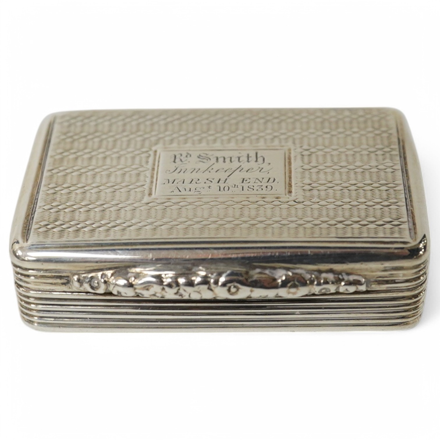 A William IV engine turned silver snuff box, Thomas Simpson Jn, Birmingham, 1836, 47mm, with engraved inscription. Condition - fair to good